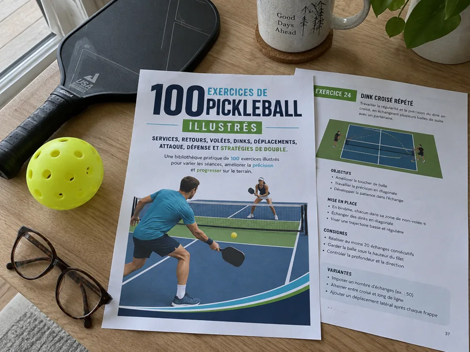 Fiches d’exercices de pickleball imprimées au format A4 posées sur une table, avec une raquette et une balle à côté