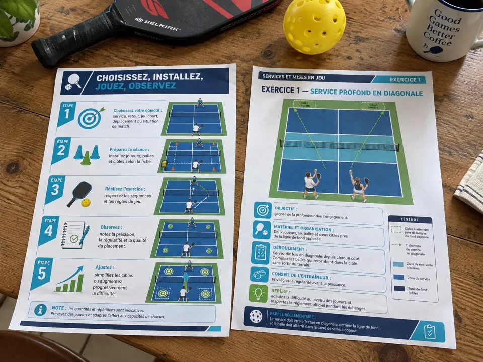 Deux fiches A4 imprimées sur une table, à côté d’une raquette de pickleball