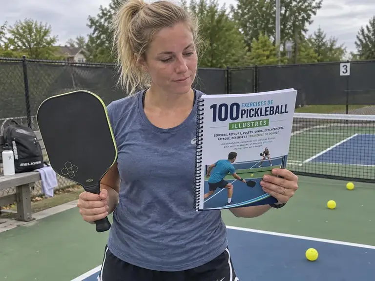 Joueur de pickleball qui consulte le guide des 100 exercices sur le terrain